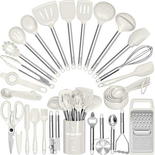Kitchen Utensils Set-Umite Chef 34 Pcs Silicone Cooking Utensils Set for Nonstick Cookware-Silicone Spatulas Set, Stainless Steel Handle-White Kitchen Gadgets Tools, Pots and Pans Accessories by Umite Chef - Used condition - US$26.67