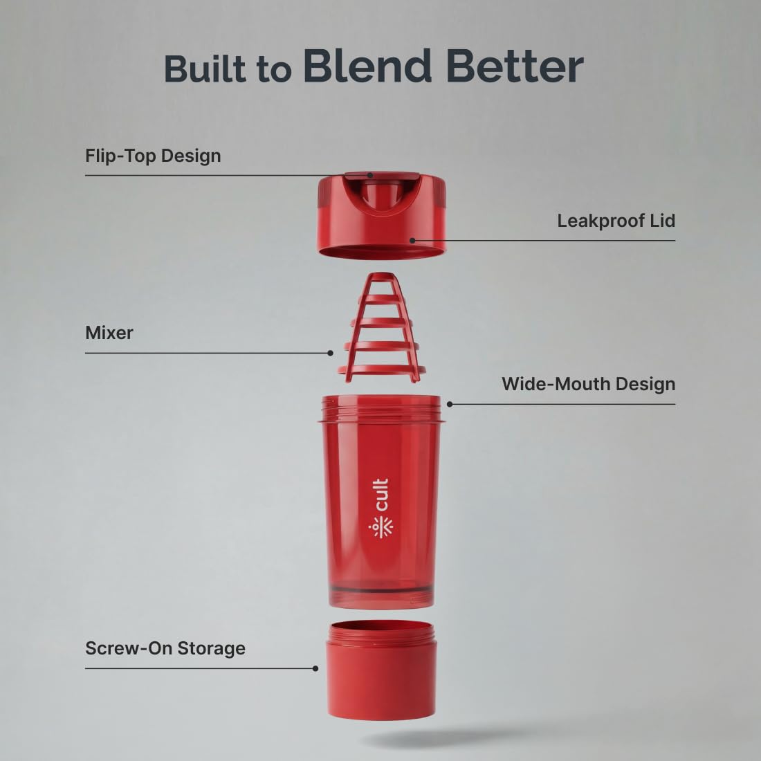 CULT Gym Shaker Pro 500ml – Cyclone Blender Shaker Bottle for Protein Shake | 100% Leakproof Workout Water Sipper for Men & Women | Durable Fitness Supplement Bottle (Red) 2