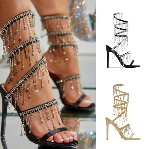 Women's Rhinestone Stiletto Heel Sandals Jewel Spiral Ankle Wrap Open Toe High Heels Summer Sandals3