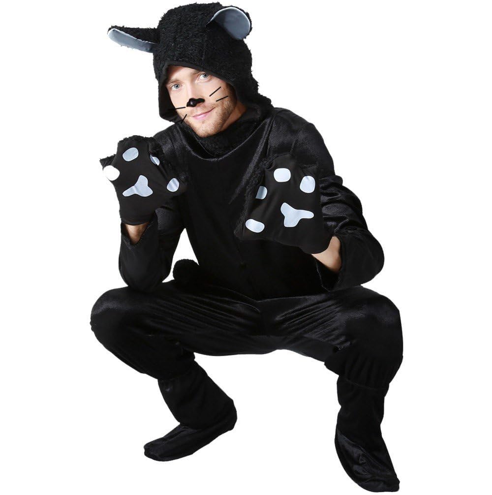 Sanfly Unisex Black Cat Jumpsuit Costume For Adult Onesie Halloween Animal Role-Play Christmas Cosplay Costume Suit For Women Men