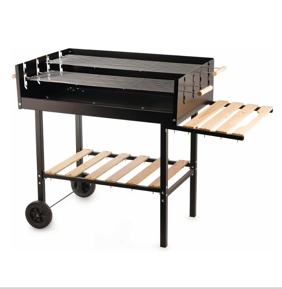 EMPOTEC 216088 Barbecue Rettangolare a Carbone Acciaio 2 Ruote 2 Griglie 2 Ripiani in Legno 118x56x92 cm con Mensola Porta Oggetti Picnic BBQ Giardino Terrazzo