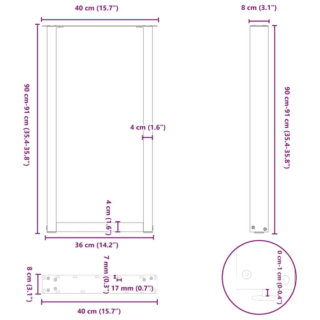 vidaXL Patas para Mesa de Bar en Forma de U (2 Unidades, Acero Natural, 50 x 90-91 cm)