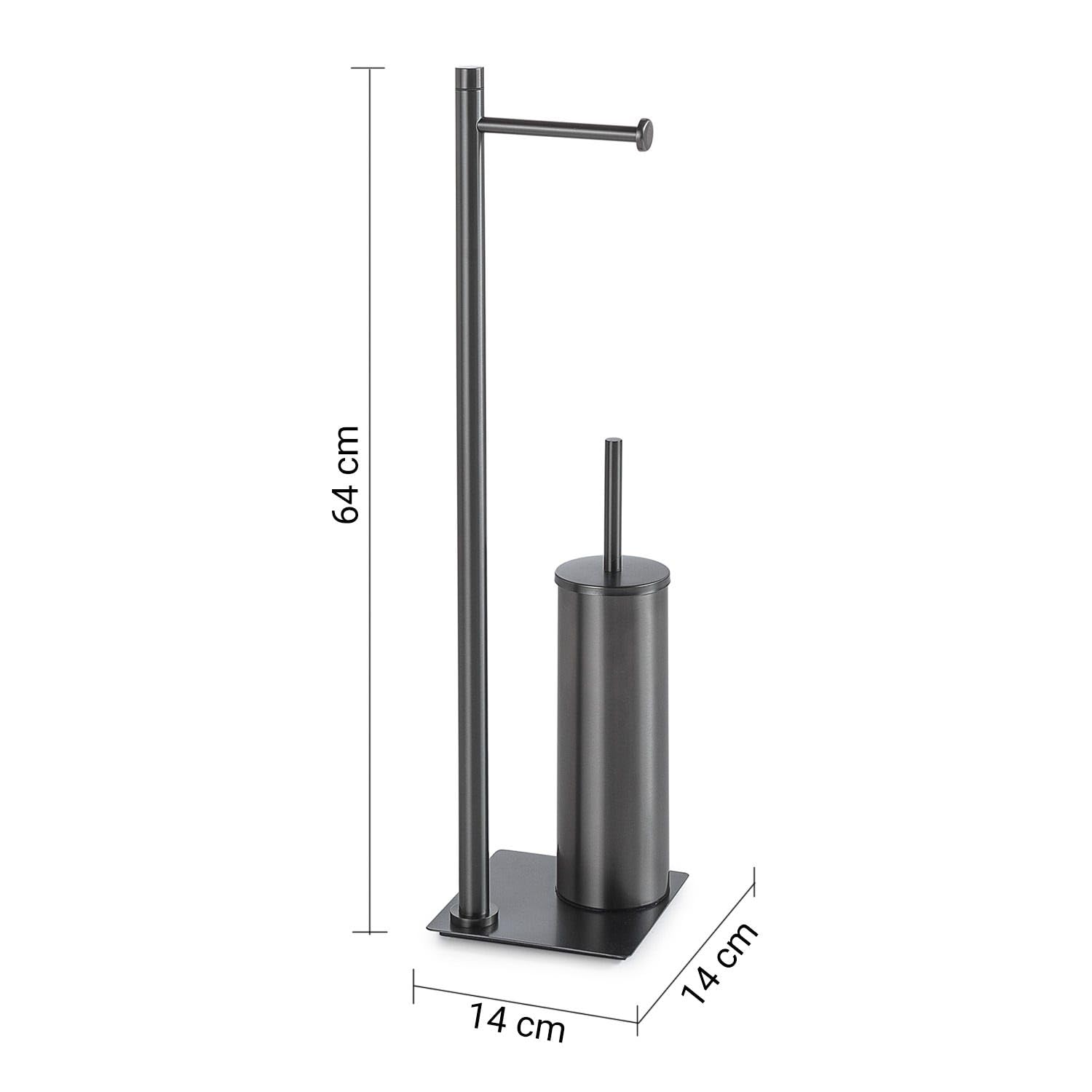 Kiamami Valentina - Portarrollos de pie y escobilla de acero inoxidable gun metal, estructura compacta, línea Silene, para baño moderno, dimensiones 63 x 14 x 14 cm