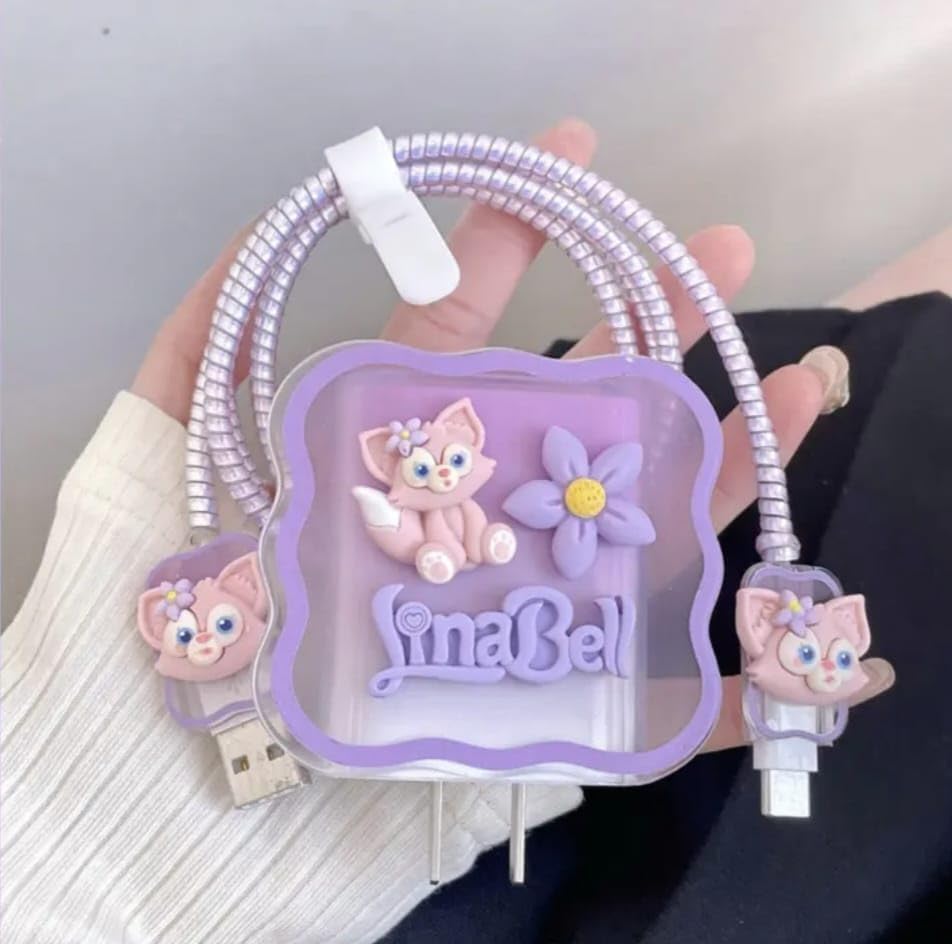 Image of Dezet for iPhone Charger 18-20W Cute Cartoon Charging Cable Protector Set for iPhone Fast Charging USB Cable with Protective Silicone Cover & Organizer Clip Stylish Design (PURPLE LINABELL)