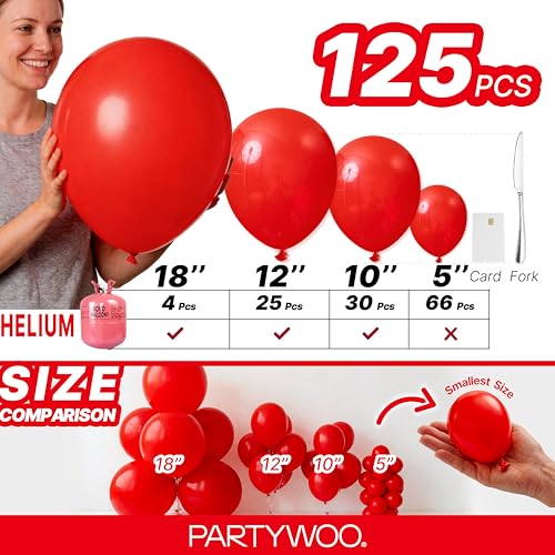 Image of PartyWoo Red Balloons 130 pcs Different Sizes of 18 12 10 5 Inch Red Balloon Arch Kit Garland for Birthday Graduation Bachelorette Citizenship Anniversary Cherry Casino Theme Party Decorations Red-Y57