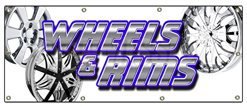 36"x96" Wheels & Rims Banner Sign Chrome Rim Wheel Tires Signs auto Parts