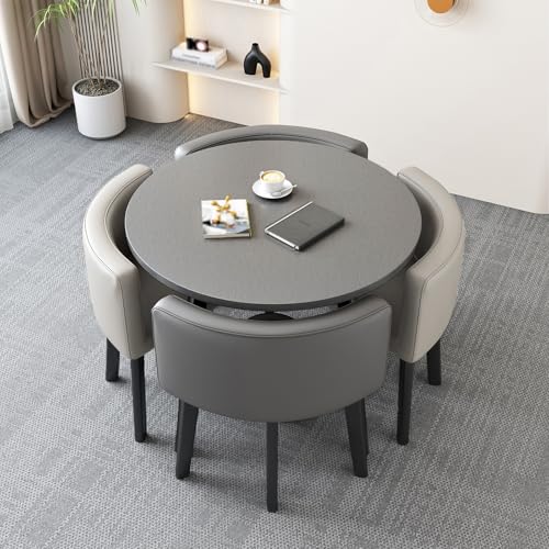 XYWGBMS Modern Round Dining Table Set for 4 with Metal Base and Imitation Marble Tabletop Space Saving Kitchen Dining Set with 4 Soft Cushioned Chairs for Dining Room.,Table and Leather chair6