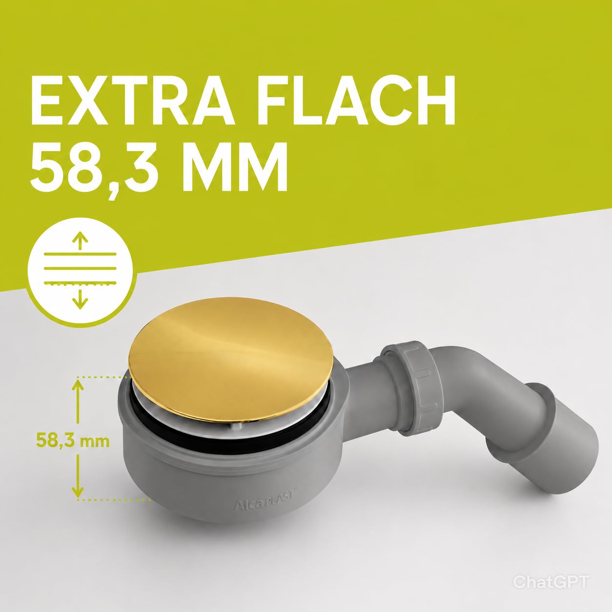 ECOLAM Ablaufgarnitur 90mm Jano für Dusche Duschwanne extra flach 58 mm/Farben (Gold glänzend)