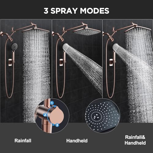 Image of Veken 11.8 inch Rain Shower Head with Handheld, High Pressure Handheld Shower with Multi Spray Modes, Rainfall Combo with Metal Extension Arm, Detachable Dual Showerhead, Bathroom Decor, Rose Gold