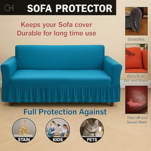 Image of Premium Stretchable Sofa Cover 3 Seater Sky Blue for Living Room | Soft Elastic Fabric | Universal Fit | Washable & Durable