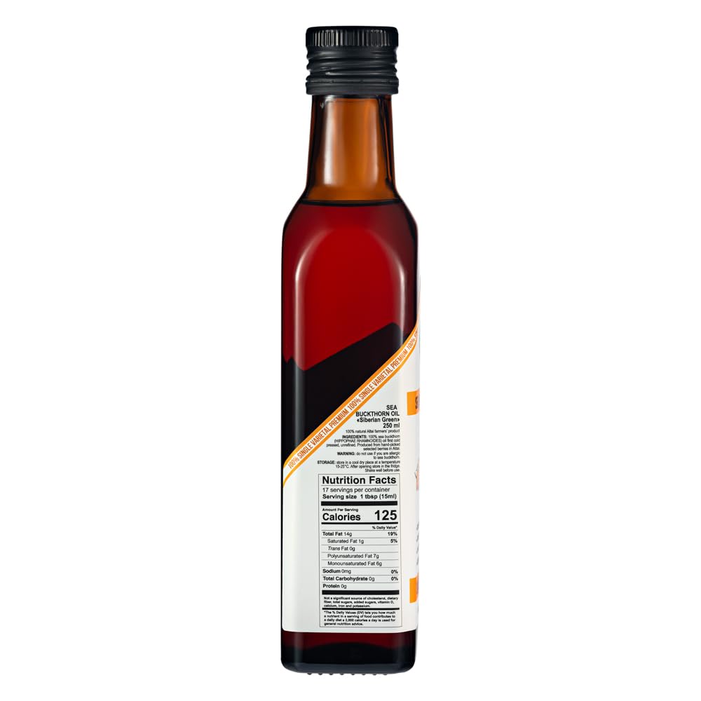 Aceite de Espino Amarillo Verde Siberiano – 250 ml Aceite de Fruta Hippophae Monovarietal, Virgen Extra Sin Refinar, Prensado en Frío