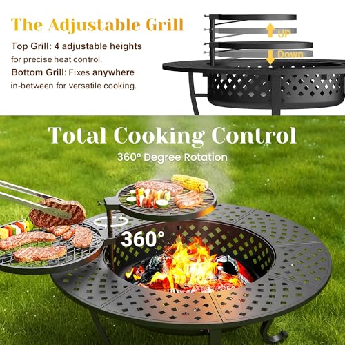 Image of 8 Pieces Outdoor Conversation Sets, Aluminum PatioCouch with Metal Fire Pit Table, All-Weather PatioCouch with 5 inch Thick Cushion, 43'' Firepit Outside Wood Burning with Adjustable 2 Grills, Light Gray