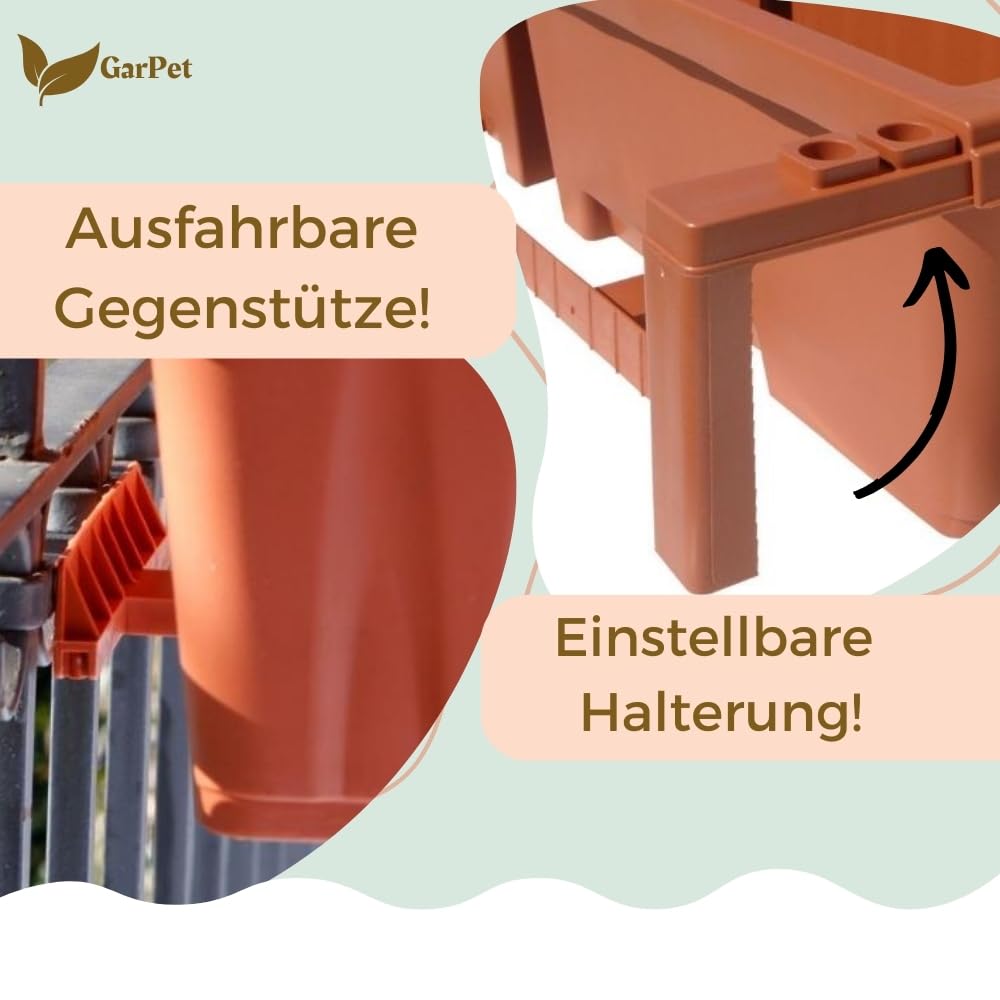 GarPet 4er Set Blumenkasten Balkongeländer Balkon Blumenkasten Balkonkasten mit Halterung Balkonkasten Geländerkasten mit Wasserspeicher 60 cm Terrakotta