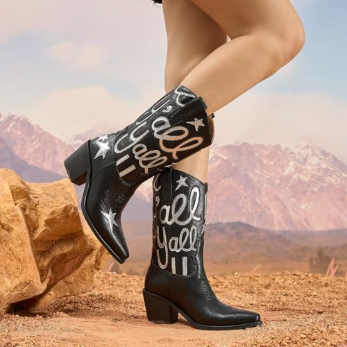 Women's Metallic Embroidery Western Knee High Boots Pointed Toe Chunky Heel Cowboy Boots Comfortable and Stylish Mid Calf Cowgirl Boots3