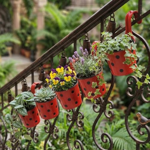 Image of Premium Hook Planter with Inner Pot | Polka Dot Hanging Planter for Balcony & Railings | Sturdy Plastic | Built-in Drainage | Vibrant Colours | Indoor & Outdoor Gardening (5, Red)