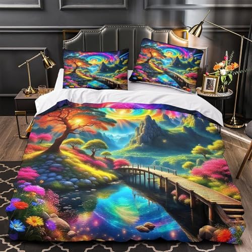 Housse de couette imprimée 3D paysage avec fermeture éclair cachée lit
