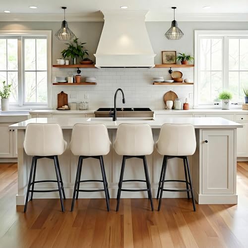 Image of Zesthouse Swivel Counter Height Stools Set of 2, Modern Upholstered Barstools with Backs, 26'' Faux Leather High Chairs for Island Kitchen, Counter Height Chairs with Metal Legs, White