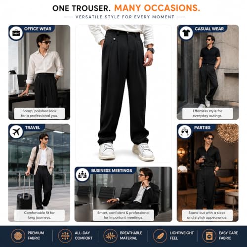 Image of Men's Relaxed Straight Leg Loose Fit Pleated Trousers | Mid-Rise Formal Pants with Zip Fly & Button Closure | Solid Regular Length Office Wear Trousers