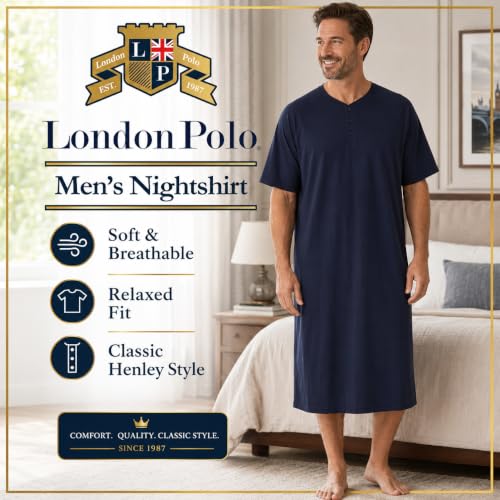 Image of Mens Nightshirt Short Sleeve Lounge, Sleep Shirt, Mens Nightshirt
