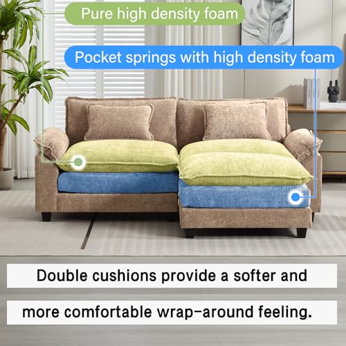Image of Oprisen 86 inch Modular Sectional Sofa, Comfy Cloud Couch Sectional Sofa with Ottoman, Chenille Sofa Sleeper Deep Seat Sofa with Throw Pillows for Living Room (Khaki, 86 inch- L Shape)