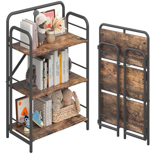Image of 4NM No Assembly Folding Bookshelf, 3 Tiers Collapsible Book Shelves Open Industrial Foldable Storage Bookcase Shelf for Bedroom, Living Room, Home Office - Rustic Brown and Black