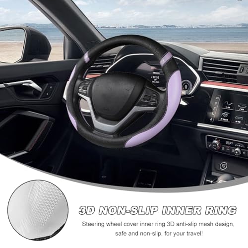 Image of Car Steering Wheel Cover, 15 Inch Premium Leather Breathable Non-Slip Wheels Wrap, Universal Auto Comfortable Steering Wheel Protector for SUV Truck Van, Car Accessories (Purple)