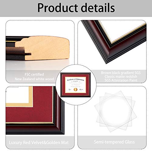Image of ELSKER&HOME 8.5x11 Diploma Frame with Red Mat,Real Wood Reddish | Document Frame Matte Reddish Brown Frame for Certificates Sized 8.5x11with Mat and 11x14 Without Mat (Red with Golden Rim)