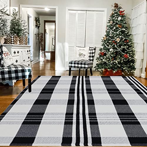 Tapete Buffalo Plaid 4' x 6' negro y blanco tejido en algodón miniatura 4