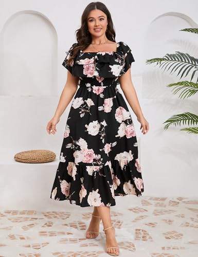 Image of KOJOOIN Women Plus Size Off Shoulder Maxi Dress Ruffle Flowy Casual Summer Boho Long Dresses