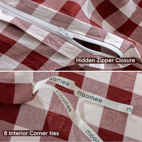 Image of MooMee Gingham Duvet Cover Set 100% Washed Cotton Linen Like Textured Breathable Durable Soft Comfy Modern Checkered Design (Buffalo Plaid Fired Brick Red, King 104 inchx90 inch)