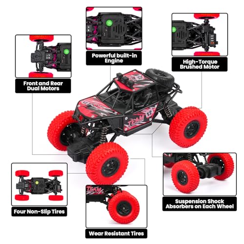 Image of Gooyo GY-23 Big Rechargeable Monster Truck Remote Control Rock Crawler Car 5 Function 1:18 Rc car Toy| 4x4 Off-Road Car Toy for boy 5-12 Years | High Speed | Red | in-Built Battery | Gift Box Pack