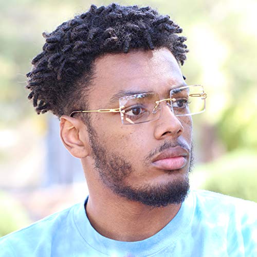 Elite Slim Rimless Rectangular Metal & Wood Art Aviator Sunglasses (Clear Gold)2