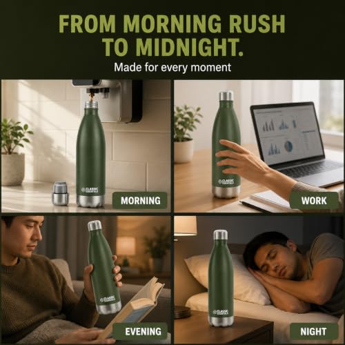 Image of Classic Essentials Insulated Double Wall Stainless Steel Water Bottle 1000 ML | 12 Hours Hot & 24 Hours Cold | Vacuum Insulated, Leakproof Bottle for Home, Office, Gym & Travel (Military Green)