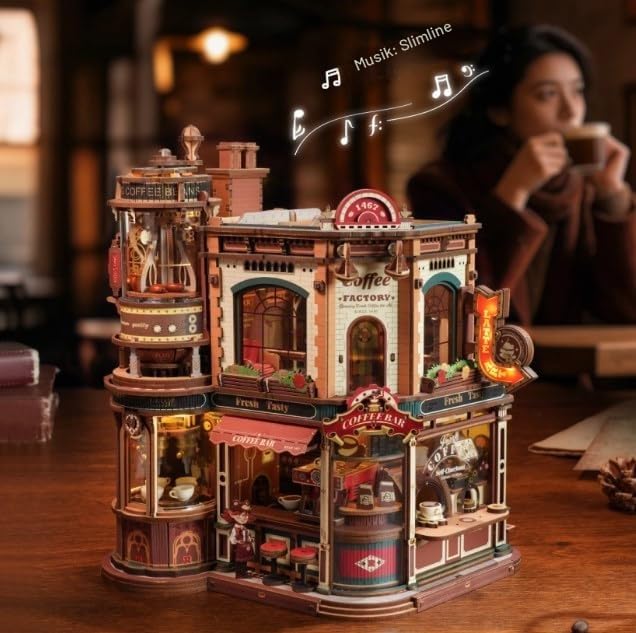 ROBOTIME 3D-Puzzle aus Holz für Erwachsene zum Bauen – Dream Coffe Factory Miniatur Bausatz mit Musik, Lichtern und animierten Szenen, Miniaturhaus/Book Nook Café EAB02