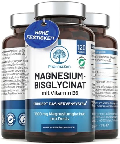 Magnesium Bisglycinat hochdosiert – 1500 mg Magnesiumbisglycinat Komplex mit Vitamin B6 – 300mg elementares Magnesium pro Tagesdosis – 120 Kapseln – Premium chelatiertes Glycinat – laborgeprüft, vegan