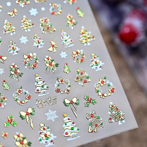 Image of Christmas Tree Nail Sticker Decals Gold Nail Stickers Bow Nail Decals with Colorful Design 5D Self Adhesive Nails Charms for Women Girls Xmas Manicure Decoration Accessories Supply