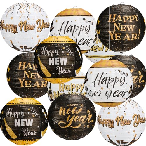 Panelee 12 Pcs 2025 New Year Paper Lanterns Party Decorations 8 Inch Happy New Year Hanging Round Lanterns Black and Gold Party Decorations for New Year Eve Party Indoor Outdoor Decorations Supplies