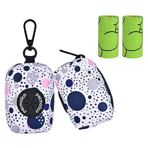 Image of Petmolico Dog Poop Bag Holder Leash Attachment, Dog Waste Bag Dispenser Zippered Pouch, Fits Any Dog Leash, Includes Free Roll of Dog Bags, Poop Bag Dispenser - 2 Pack, Blue Dots