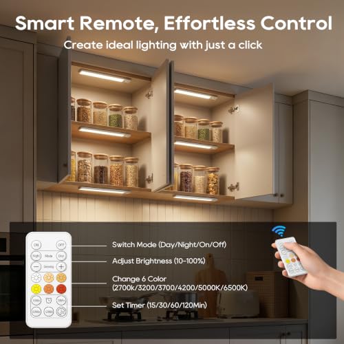 Image of 14.7 Inch Under Cabinet Lighting with Remote, 6 Color Temps Motion Sensor Light Indoor, LED Power Display Rechargeable Battery Operated Closet Light, Dimmable Under Counter Lights for Kitchen-2 Pack