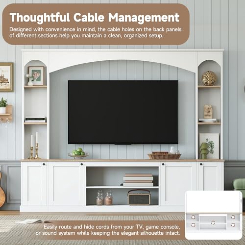 Image of JIJIWANG 91 inch Arched Entertainment Center with Bookshelf for TVs Up to 70 inch, Large Wall Unit Tv Stand with Storage Adjustable Shelves Doors for Living Room White