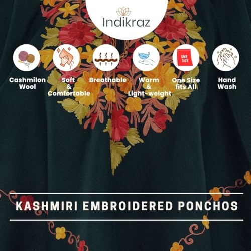 Image of Premium Women's Kashmiri hand embroidery floral woollen poncho Indian cape wrap shrug Free size