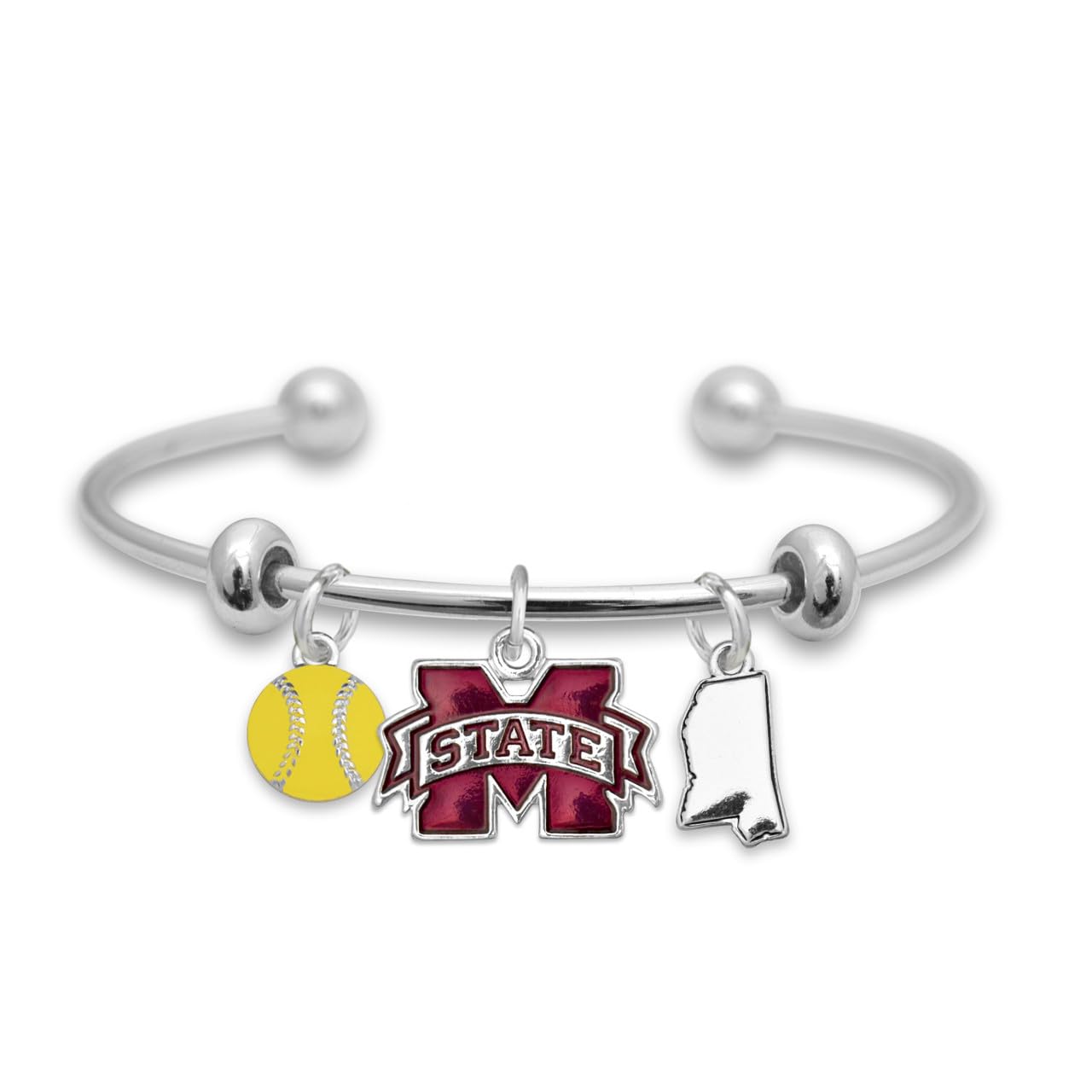 From the Heart Mississippi State Softball Accent Charm Team Traditions Cuff Bracelet with Team Color Logo, Softball and State Accent Charm Officially Licensed Jewelry Fan MSU