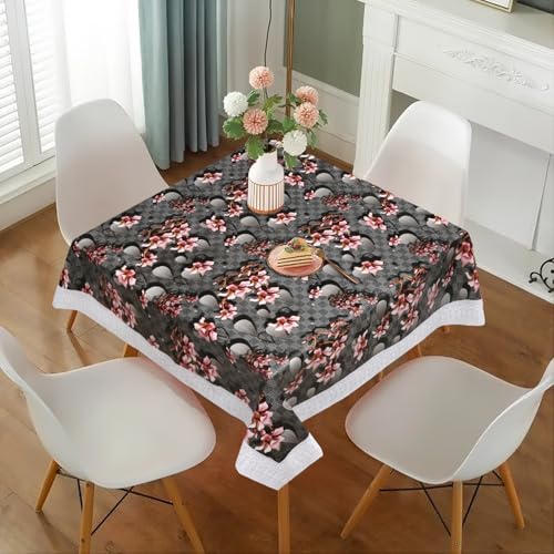 Image of Dakshya Industries PVC Waterproof Square Table Cover 48x48 Inch for 4 Seater Dining Table | Floral Printed Oilproof Stain Resistant Washable Plastic Table Cover, Dark Grey