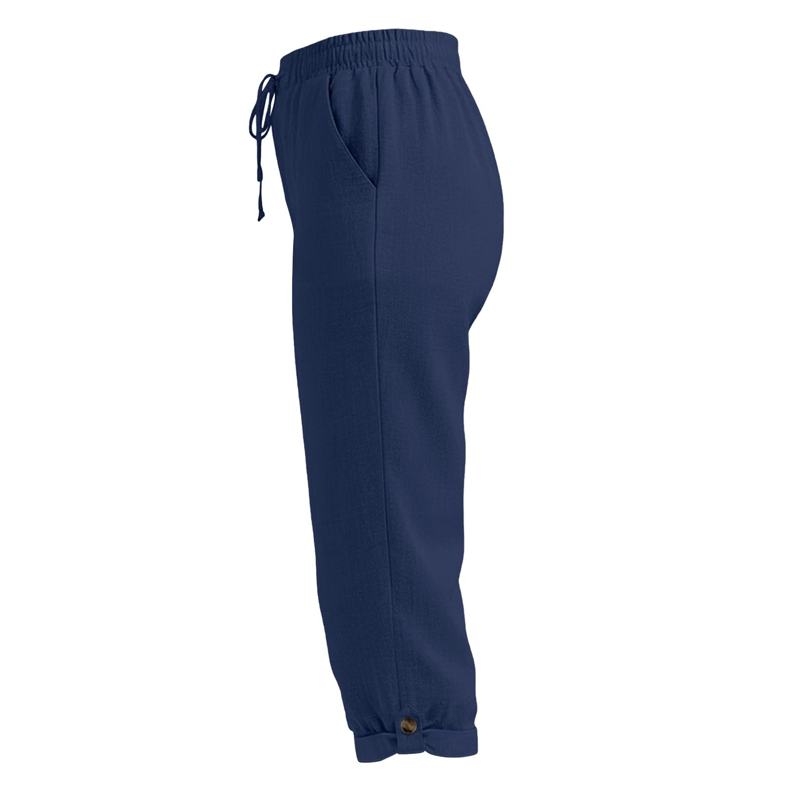 RLEHJN Leinenhose Damen 3/4,High Waist Caprihose Mit Taschen Casual Freizeithose Bequem Leicht Atmungsaktiv Einstellbarer Kordelzug Taille Stoffhose Strandhose Lässig Jogginghose Urlaub Strandhose