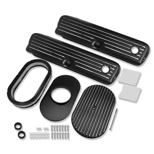 IMOOA Tall Valve Covers For SBF 289 302 351W 5.0L 1962-1985 and 15 Oval Full Finned Air Cleaner Black Aluminum