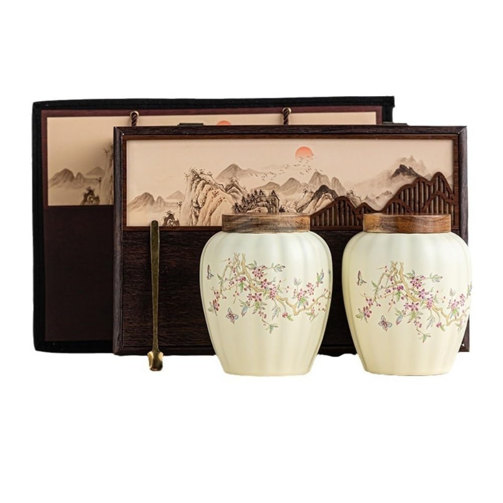 Lata de té Recipiente de cerámica for almacenar té Suelto, Tarro Grande Sellado for el hogar, Juego Chino, Caja Regalo con Doble Carrito de té