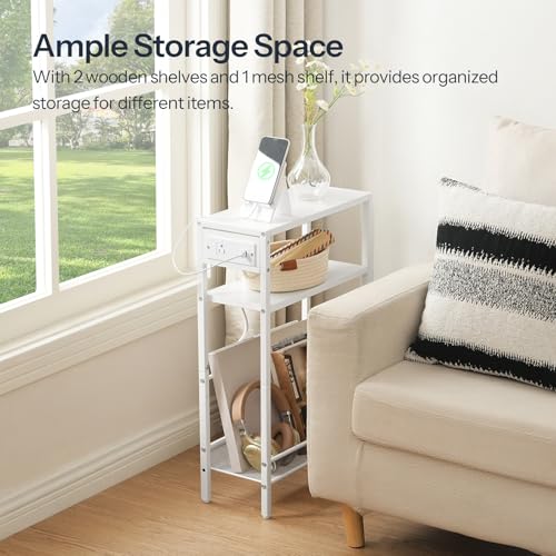 Image of HOOBRO Small Narrow Side Table with Charging Station, Skinny End Table for Small Spaces, Slim Nightstand with USB Ports Outlet, Sofa Beside Table with Storage Shelf, White WT102UBZ01