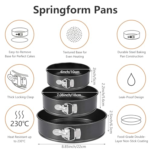 OAMCEG 3 Pcs Springform Cake Tin Set – 4/7/9 Inch Round Cake Tins for Baking – Detachable Carbon Steel Cheesecake Pan with 50 Parchment Liners & Silicone Spatula, Oven Safe & Leakproof - Image 3