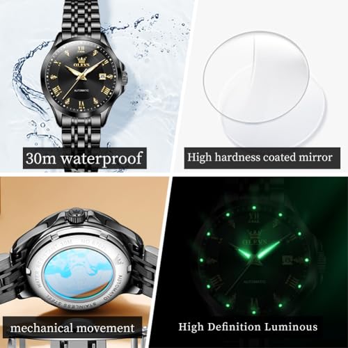 Image of OLEVS Womens Automatic Watch Diamond Luxury Date Ladies Dress Classic Self Winding Wrist Watches