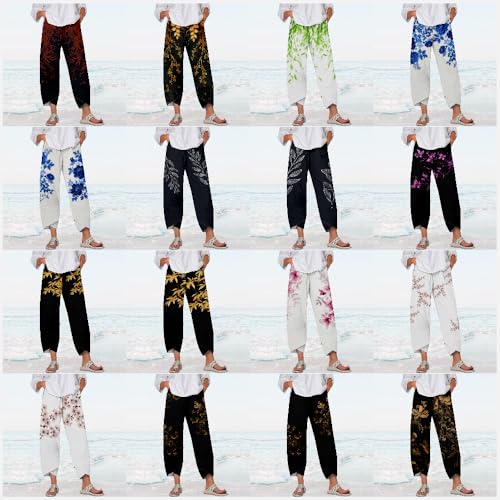 MARSVOVO Flowy Pants for Women Boho Fashion Cotton and Linen Wide-Leg Ladies Trousers Baggy Cropped Pants with Pockets3